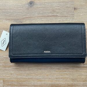 Fossil Logan RFID Flap Clutch Wallet - Black Leather - NEW!